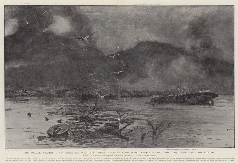 Die Vulkanische Katastrophe in Martinique, die Ruinen von St. Pierre gesehen vom französischen Kreuzer Suchet, achtundvierzig Stunden nach dem Ausbruch von Henry Charles Seppings Wright