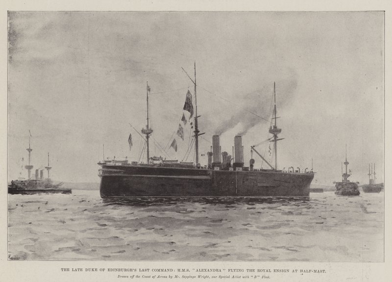 Das letzte Kommando des verstorbenen Herzogs von Edinburgh, HMS Alexandra mit halb gehisster königlicher Flagge von Henry Charles Seppings Wright