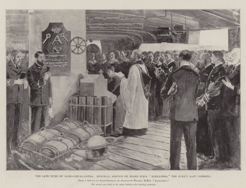 Der verstorbene Herzog von Sachsen-Coburg-Gotha, Gedenkgottesdienst an Bord der HMS Alexandra, das letzte Kommando des Herzogs von Henry Charles Seppings Wright