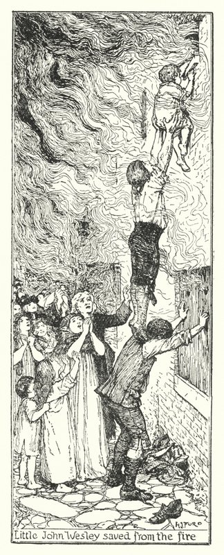 Der kleine John Wesley aus dem Feuer gerettet (Lithografie) von Henry Justice Ford