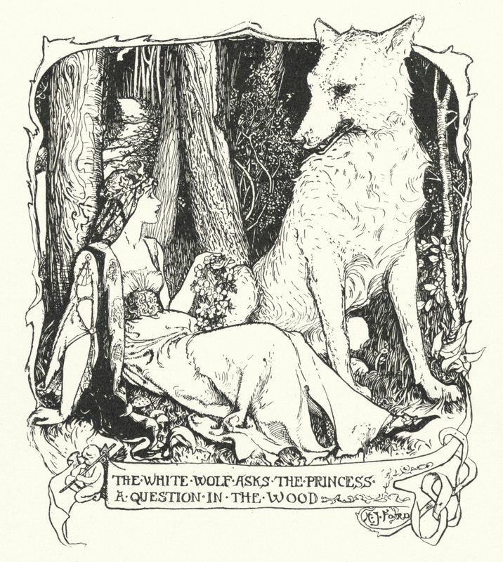 Der weiße Wolf stellt der Prinzessin eine Frage im Wald von Henry Justice Ford