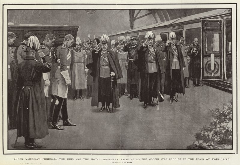 Beerdigung von Königin Victoria, der König und die königlichen Trauergäste salutieren, als der Sarg zum Zug in Paddington getragen wurde von Henry Marriott Paget