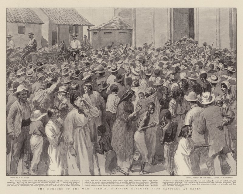Die Schrecken des Krieges, hungernde Flüchtlinge aus Santiago in Caney füttern von Henry Marriott Paget