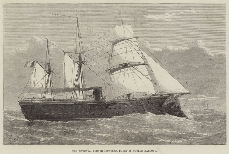 Die Magenta, französisches Panzerschiff, verbrannt im Hafen von Toulon von Henry Spernon Tozer