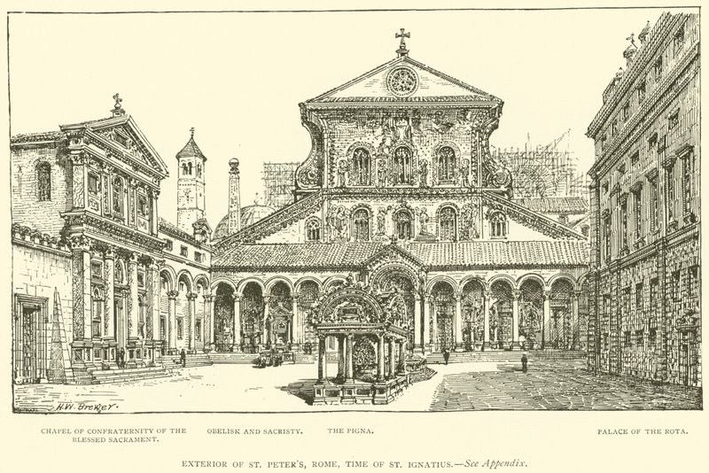 Außenansicht von St. Peter, Rom, zur Zeit von St. Ignatius (Gravur) von Henry William Brewer