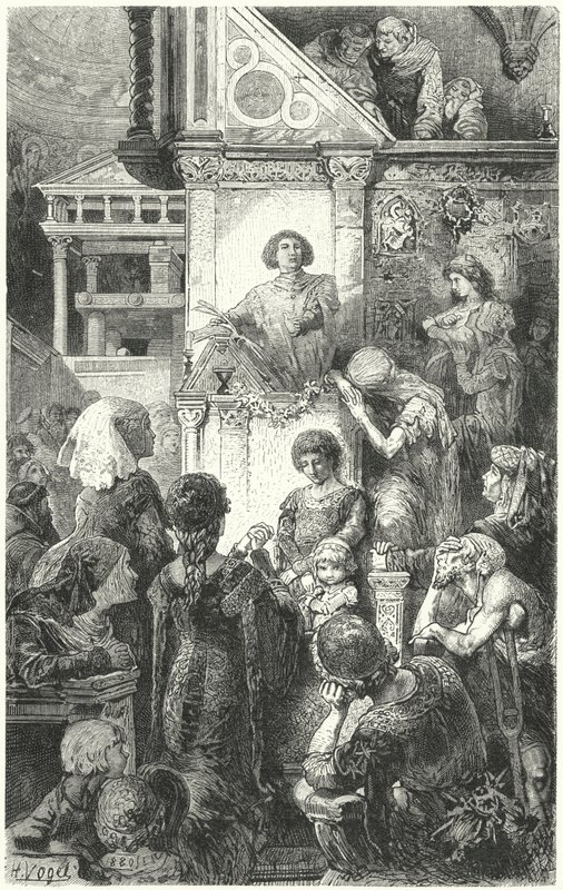 Giovanni Boccaccio rezitiert Dantes Göttliche Komödie vor dem Volk von Florenz, 14. Jahrhundert von Hermann Vogel