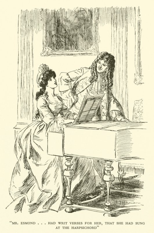 Mr. Esmond... hatte Verse für sie geschrieben, die sie am Cembalo gesungen hatte (Gravur) von Hugh Thomson