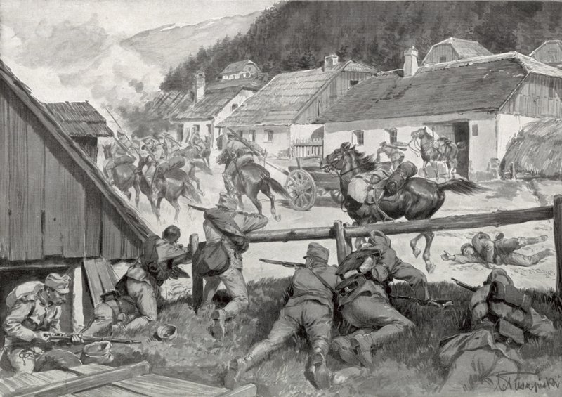 Plündernde Kosaken werden von ungarischen Truppen in einem ungarischen Dorf überrascht von Hungarian School
