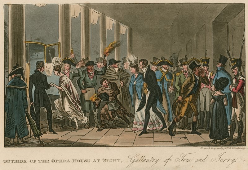 Vor dem Opernhaus; Galanterie von Tom und Jerry von Isaac, Robert and George Cruikshank