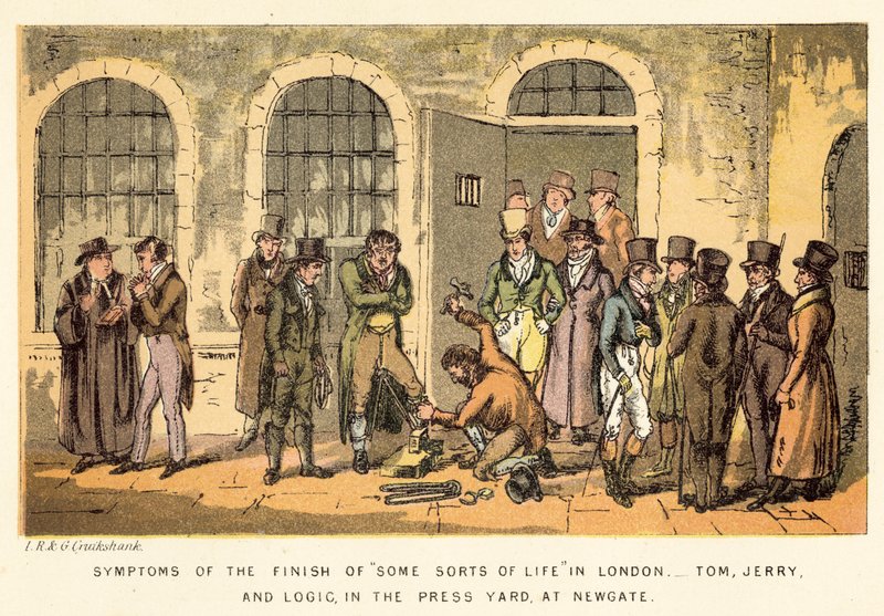 Symptome des Endes einiger Lebensarten in London, Tom, Jerry und Logic, im Press Yard, in Newgate von Isaac, Robert and George Cruikshank