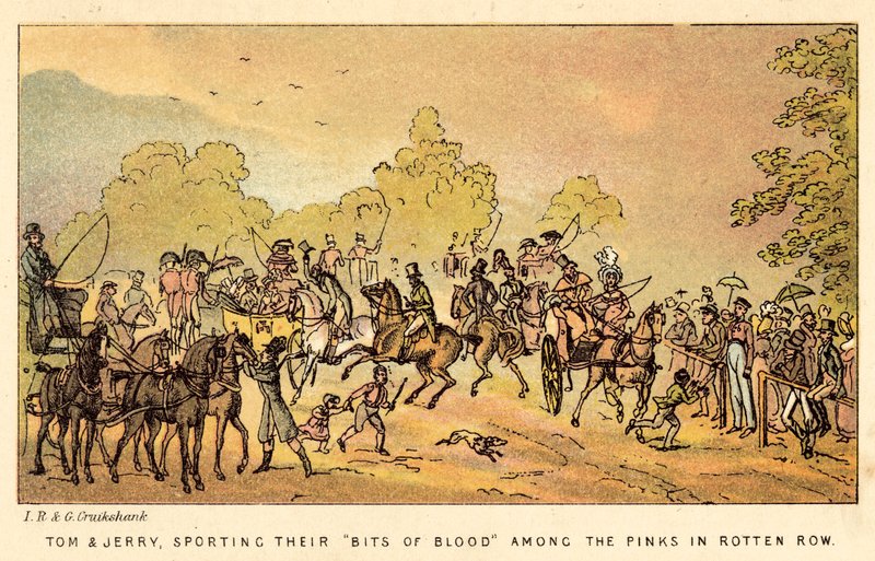 Tom und Jerry zeigen ihre Blutstropfen unter den Pinks in Rotten Row von Isaac, Robert and George Cruikshank