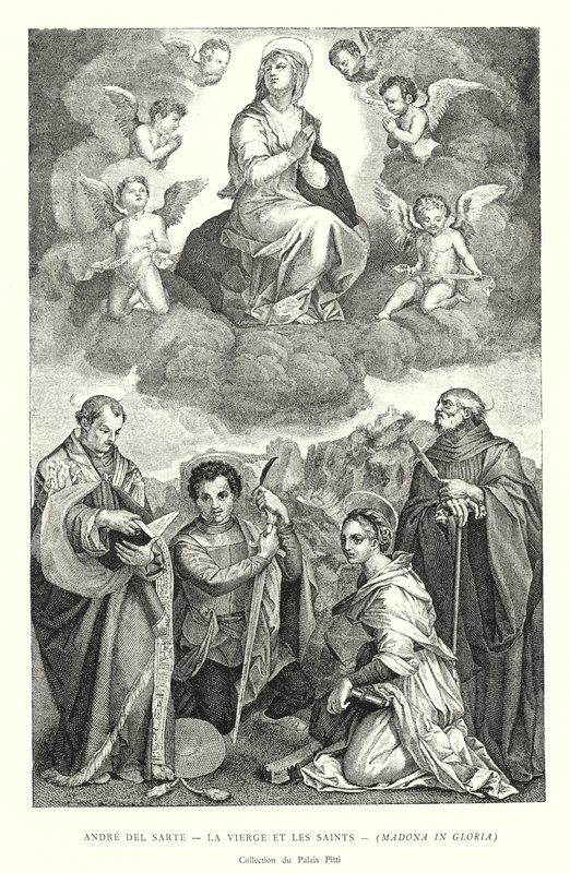 Andre del Sarte, Die Jungfrau und die Heiligen, Madonna in Gloria, Sammlung des Palazzo Pitti (Stich) von Italian School