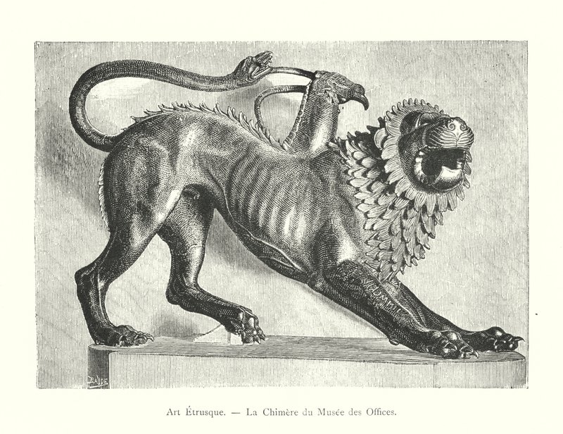 Etruskische Kunst, Die Chimäre des Uffizien-Museums (Gravur) von Italian School