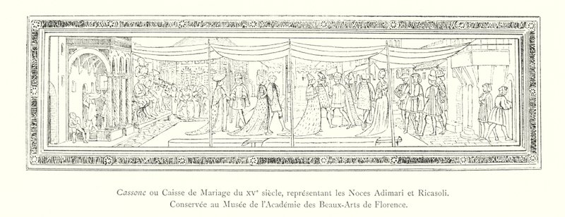 Cassone oder Hochzeitskiste aus dem 15. Jahrhundert, darstellend die Hochzeit von Adimari und Ricasoli, aufbewahrt im Museum der Akademie der Schönen Künste in Florenz von Italian School