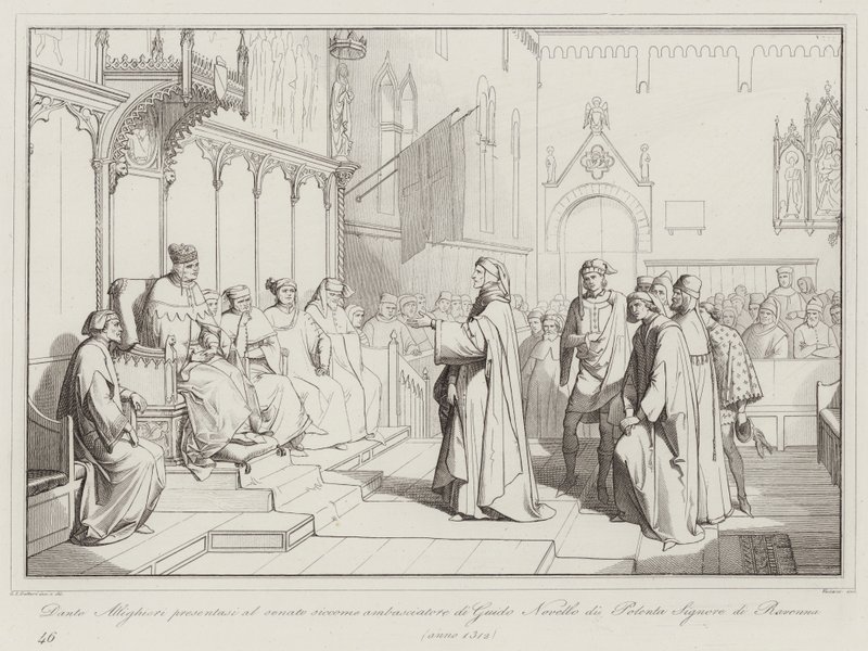 Dante Alighieri stellt sich dem Senat als Botschafter von Guido Novello di Polenta, Herr von Ravenna, vor von Italian School