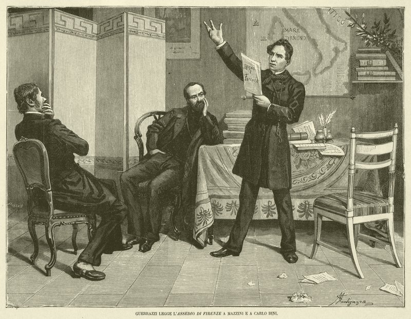 Guerrazzi liest die Belagerung von Florenz an Mazzini und Carlo Bini (Gravur) von Italian School
