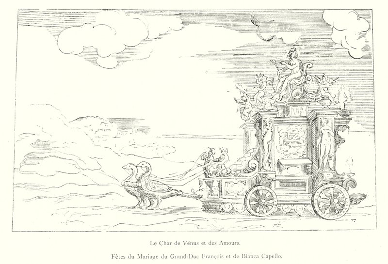 Der Wagen der Venus und der Liebesgötter, Hochzeitsfeier des Großherzogs Franz und Bianca Capello (Gravur) von Italian School
