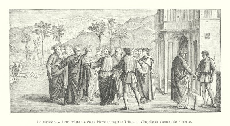Masaccio, Jesus befiehlt Petrus, den Tribut zu zahlen, Kapelle des Carmine in Florenz (Gravur) von Italian School