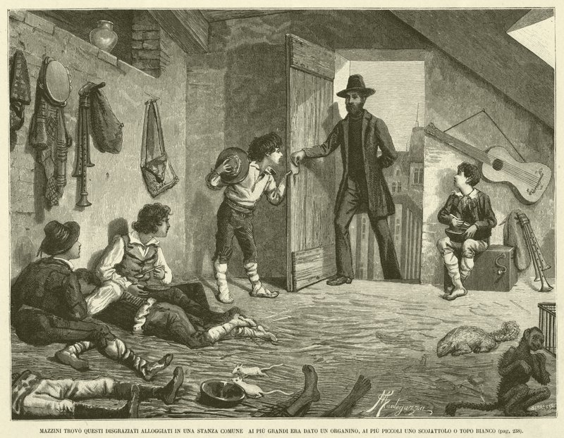 Mazzini fand diese Unglücklichen in einem gemeinsamen Raum untergebracht. Den Größeren wurde ein Orgelchen gegeben, den Kleineren ein Eichhörnchen oder eine weiße Maus (Stich) von Italian School