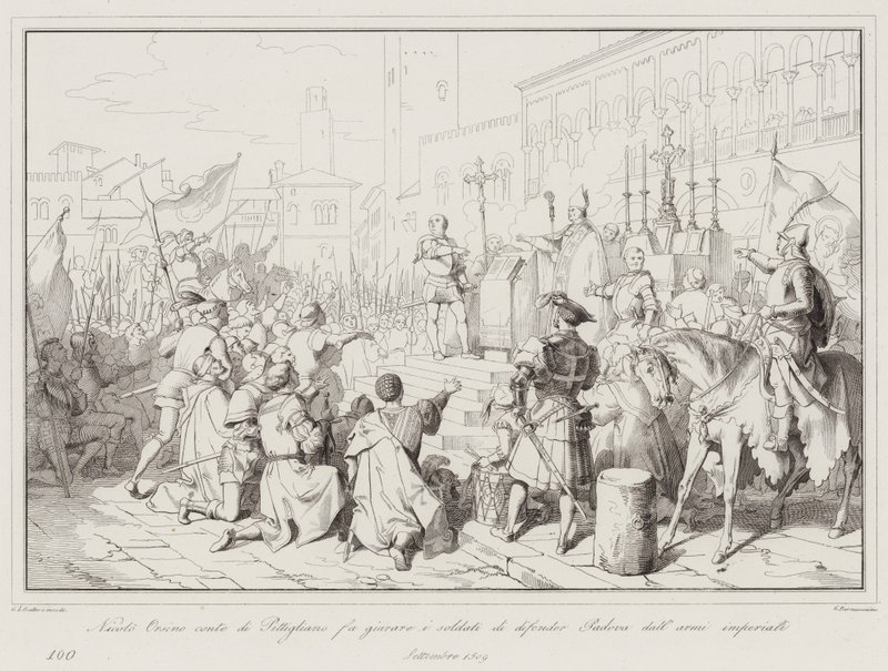 Nicolo Orsino, Graf von Pitigliano, lässt die Soldaten schwören, Padua gegen die kaiserlichen Truppen zu verteidigen von Italian School