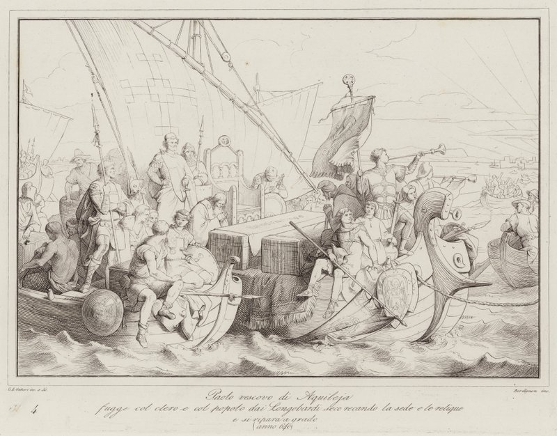 Bischof Paulus von Aquileja flieht mit dem Klerus und dem Volk vor den Langobarden und bringt den Sitz mit sich (Gravur) von Italian School