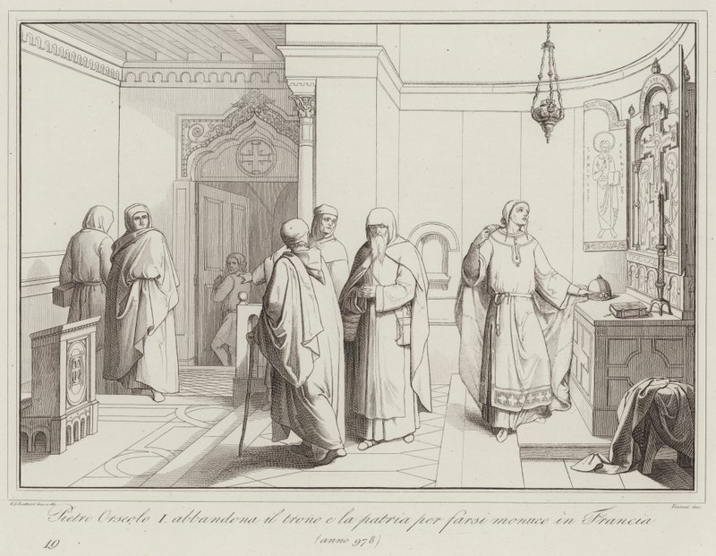 Pietro Orseolo I verlässt den Thron und die Heimat, um Mönch in Frankreich zu werden, 978 (Gravur) von Italian School