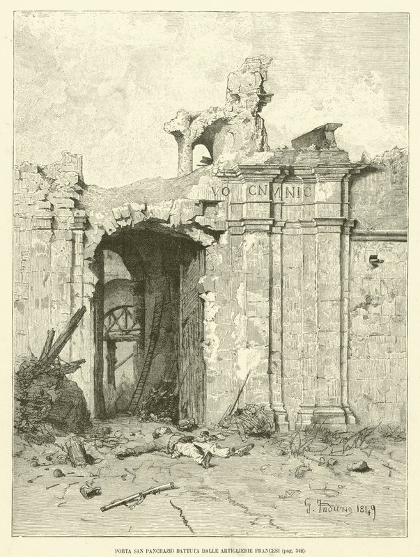 Porta San Pancrazio, beschossen von französischen Artillerien (Stich) von Italian School