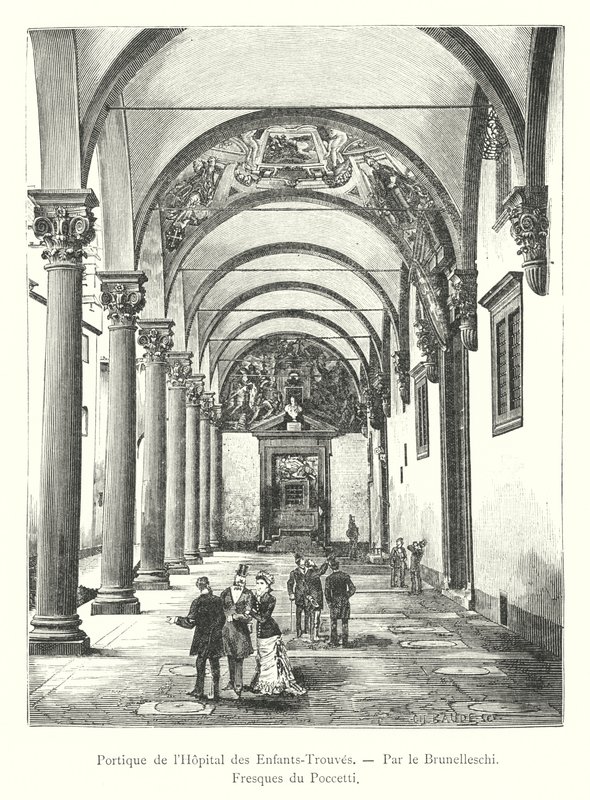 Portikus des Findelkindhospitals, von Brunelleschi, Fresken von Poccetti von Italian School