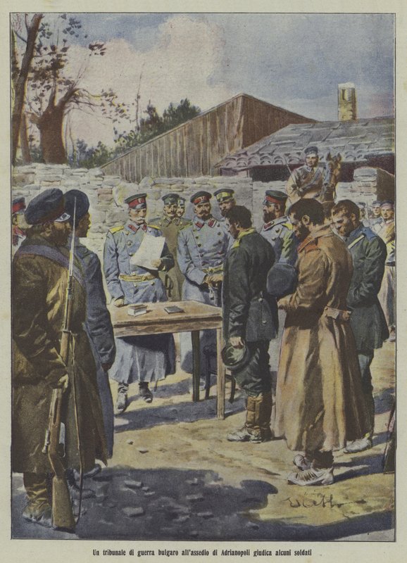 Soldaten werden von einem bulgarischen Militärgericht während der Belagerung von Adrianopel, Erster Balkankrieg, verurteilt von Italian School