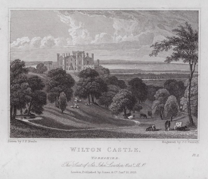 Wilton Castle, Yorkshire, der Sitz von Sir John Lowther (Gravur) von John Preston Neale