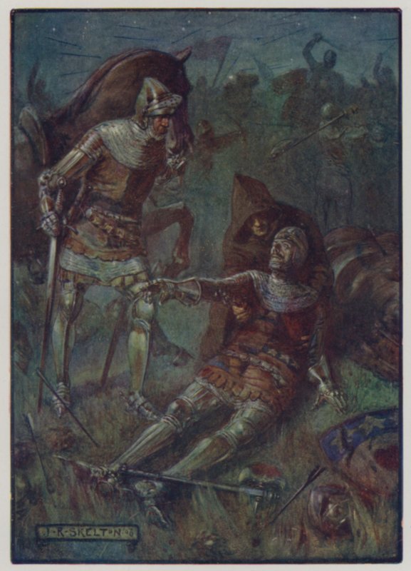 Tod von James, 2. Earl of Douglas, im Kampf gegen die Engländer in der Schlacht von Otterburn, 1388 von J. R. Skelton