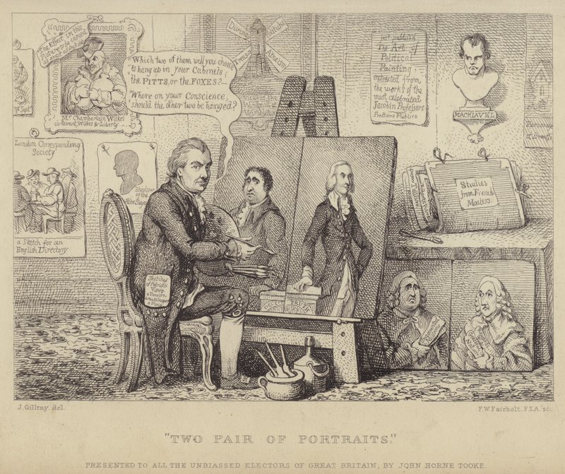 Zwei Paar Porträts: Anti-Whig-Karikatur, die John Henry Tooke mit Porträts von Charles James Fox, der das Laster personifiziert, und William Pitt dem Jüngeren, der die Tugend darstellt, zeigt von James (after) Gillray
