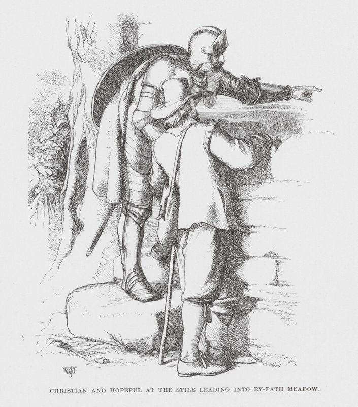 Christian und Hopeful am Stile, der in die By-Path-Wiese führt von James Dawson Watson