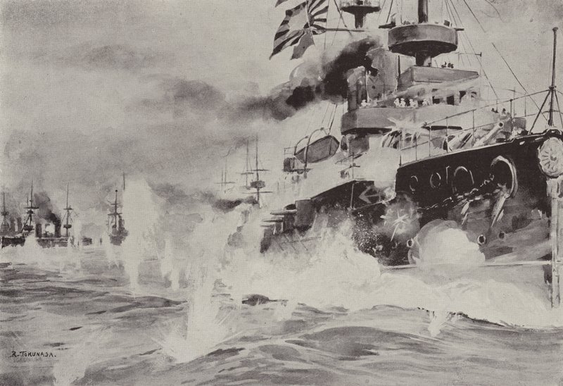 Die Mikasa kämpft tapfer gegen das russische Geschwader vor Port Arthur am 10. August von Japanese School