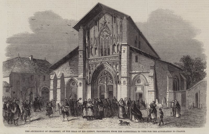 Der Erzbischof von Chambery, an der Spitze seines Klerus, geht von der Kathedrale zur Abstimmung über die Annexion an Frankreich von Jean Adolphe Beauce