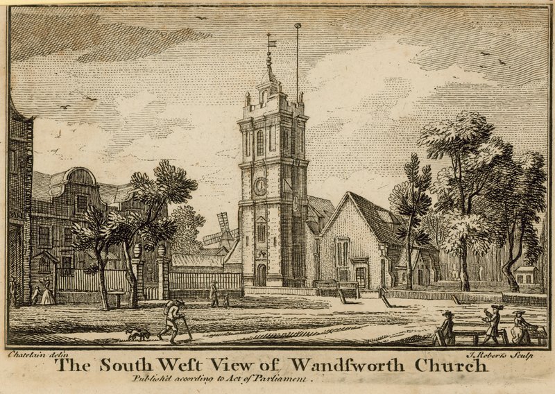 Die Südwestansicht der Wandsworth-Kirche von Jean Baptiste Claude Chatelain