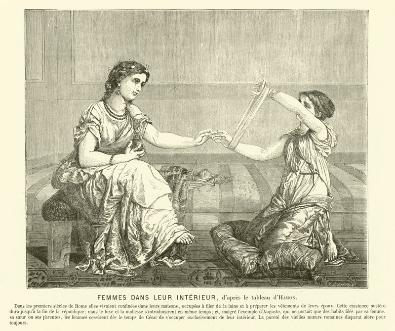 Frauen, die in einem Haus Wolle spinnen, antikes Rom von Jean Louis Hamon