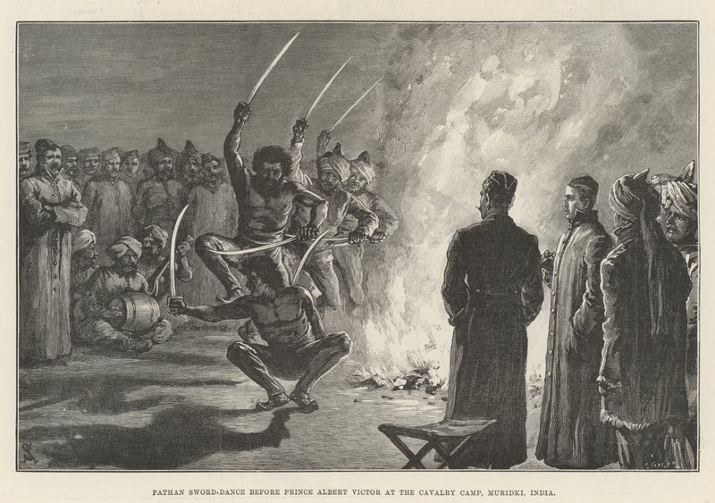Pathan-Schwerttanz vor Prinz Albert Victor im Kavallerielager, Muridki, Indien von Johann Nepomuk Schonberg
