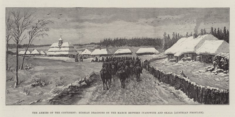 Die Armeen des Kontinents, russische Dragoner auf dem Marsch zwischen Ivanowitz und Skala (österreichische Grenze) von Johann Nepomuk Schonberg
