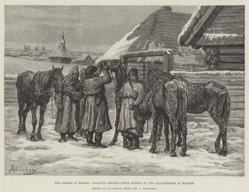 Die Hungersnot in Russland, Bauern verkaufen ihre Pferde an den Schlachter in Kaluga von Johann Nepomuk Schonberg