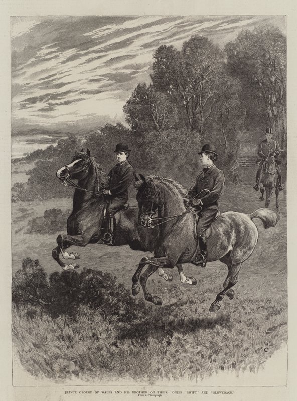 Prinz Georg von Wales und sein Bruder auf ihren Ponys Swift und Slowcoach von John Charlton