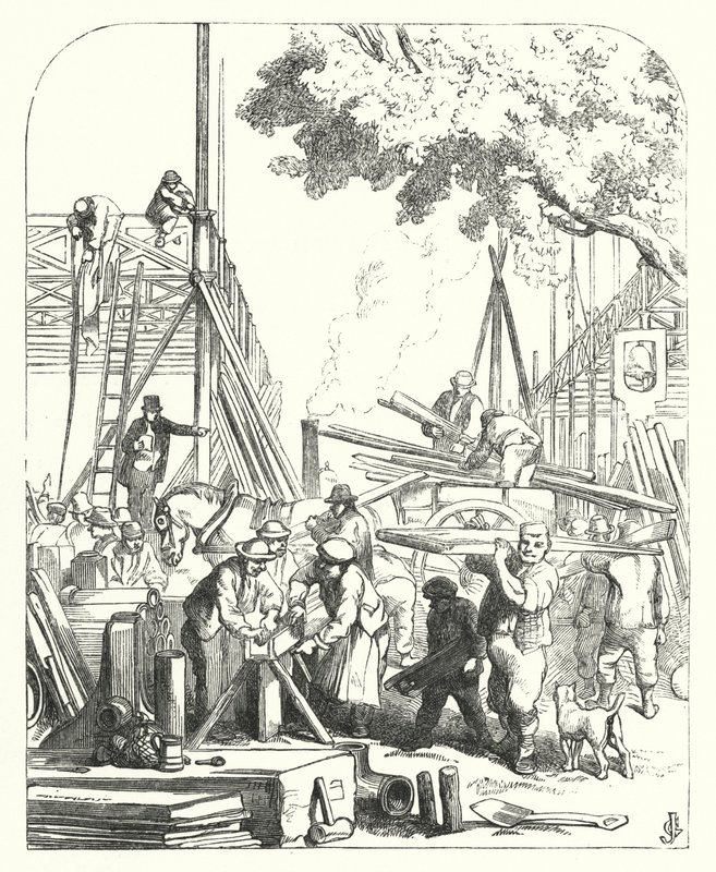 Arbeiter auf dem Gelände des Kristallpalastes, Hyde Park, London, Veranstaltungsort der Großen Ausstellung von 1851 (Stich) von John (after) Gilbert