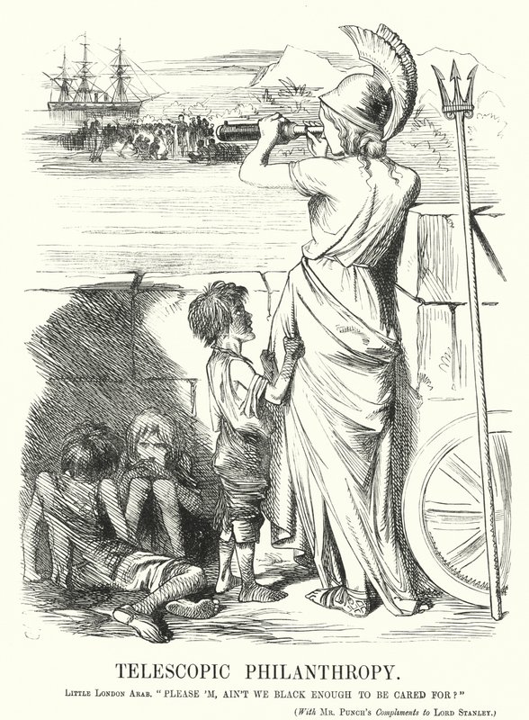 Punch-Karikatur: Teleskopische Philanthropie - die Beschäftigung der viktorianischen Mittelklasse mit Hilfe für die Armen im Ausland statt zu Hause von John (after) Tenniel