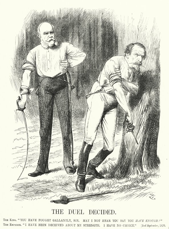 Punch-Karikatur: Das Duell entschieden - die Niederlage Frankreichs im Deutsch-Französischen Krieg von John (after) Tenniel
