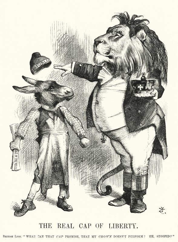 Punch-Karikatur: Die wahre Freiheitskappe - die Überlegenheit der konstitutionellen Monarchie Großbritanniens über den Republikanismus (Gravur) von John (after) Tenniel