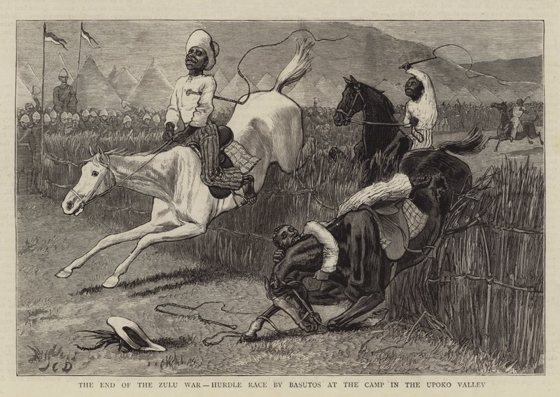 Das Ende des Zulukrieges, Hürdenrennen der Basutos im Lager im Upoko-Tal von John Charles Dollman