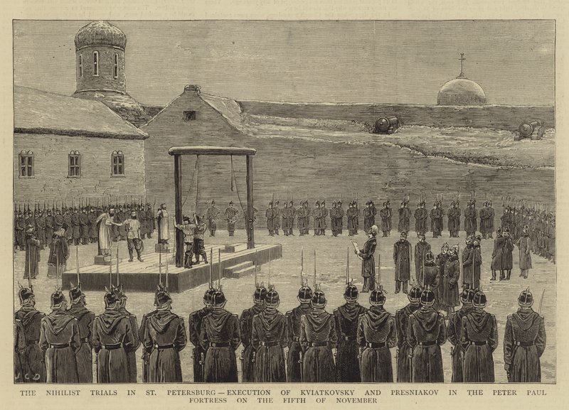 Die Nihilistenprozesse in St. Petersburg, Hinrichtung von Kviatkovsky und Presniakov in der Peter-Paul-Festung am 5. November 1880 von John Charles Dollman