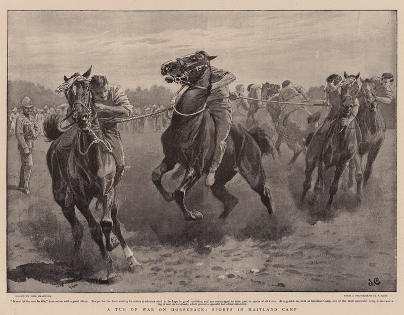 Ein Tauziehen zu Pferd, Sport im Maitland Camp von John Charlton