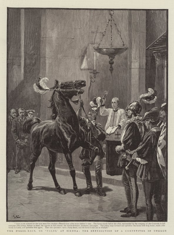 Das Pferderennen oder Palio in Siena, die Segnung eines Teilnehmers in der Kirche von John Charlton