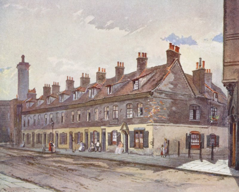 Verlorenes London: Alte Häuser in der Pye Street, Westminster (Farblithografie) von John Crowther